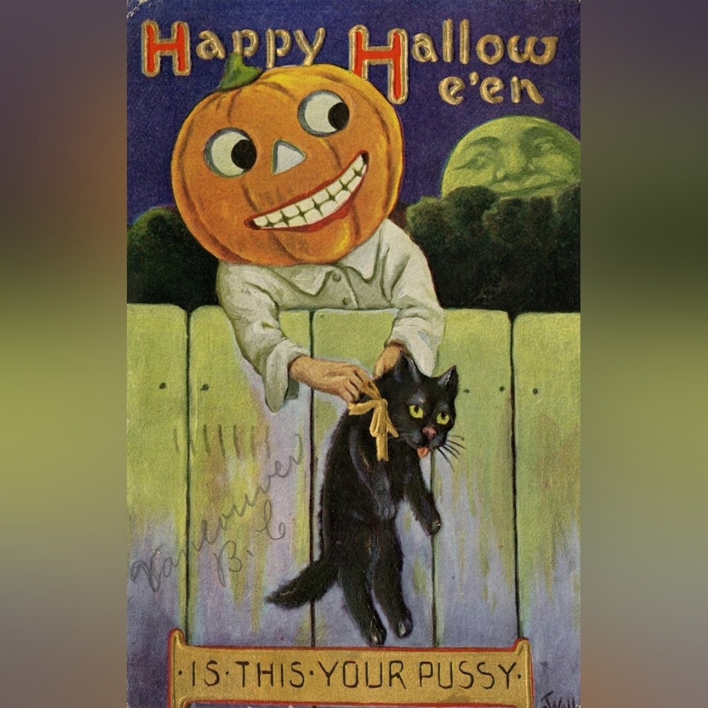 Halloween Cat Art Print with Pumpkin Head